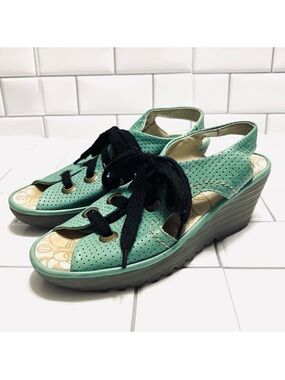 Fly London Ylva Platform Sandals Wedge Sling Back Lace Up Sea Foam Green Size 39